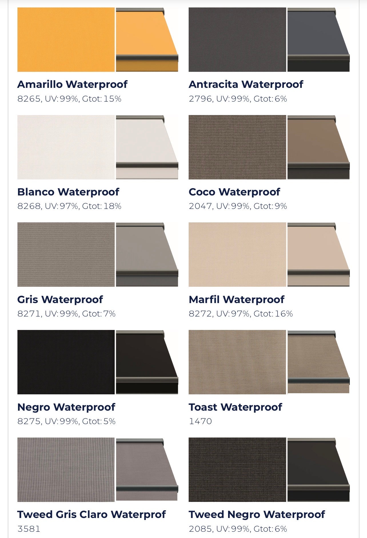 Waterproof fabric colour options available for Soller Arco awning