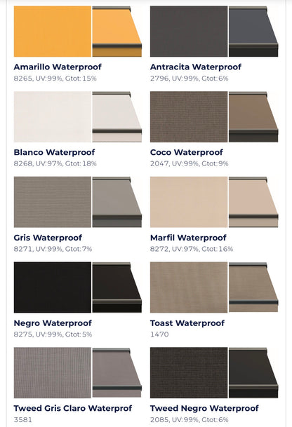 Waterproof fabric colour options available for Soller Arco awning