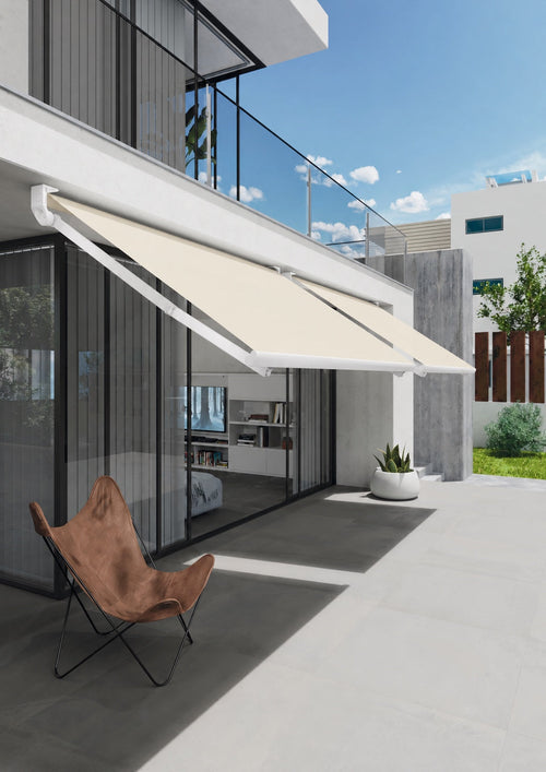Soller Vela awning with Pure White frame and Warm Ivory fabric